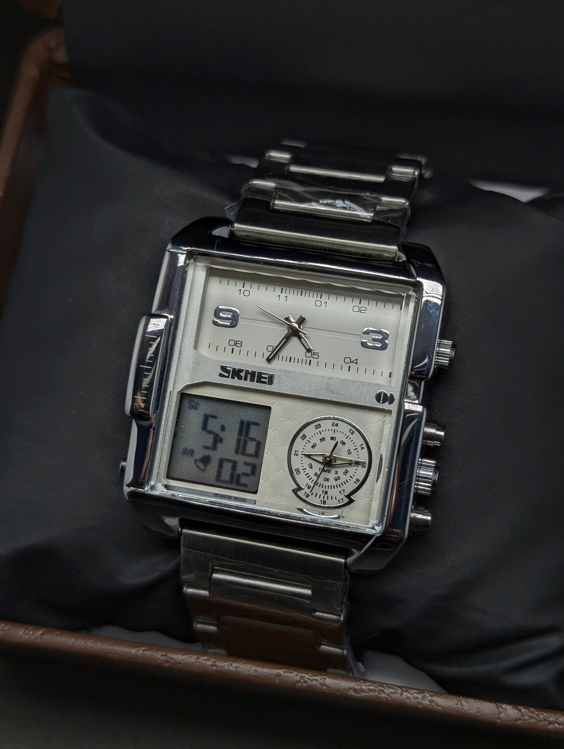 SKMEI 1584 |1 YEAR WARRANTY| Triple-Time Square Watch – Analog + Digital, Alarm, Chronograph